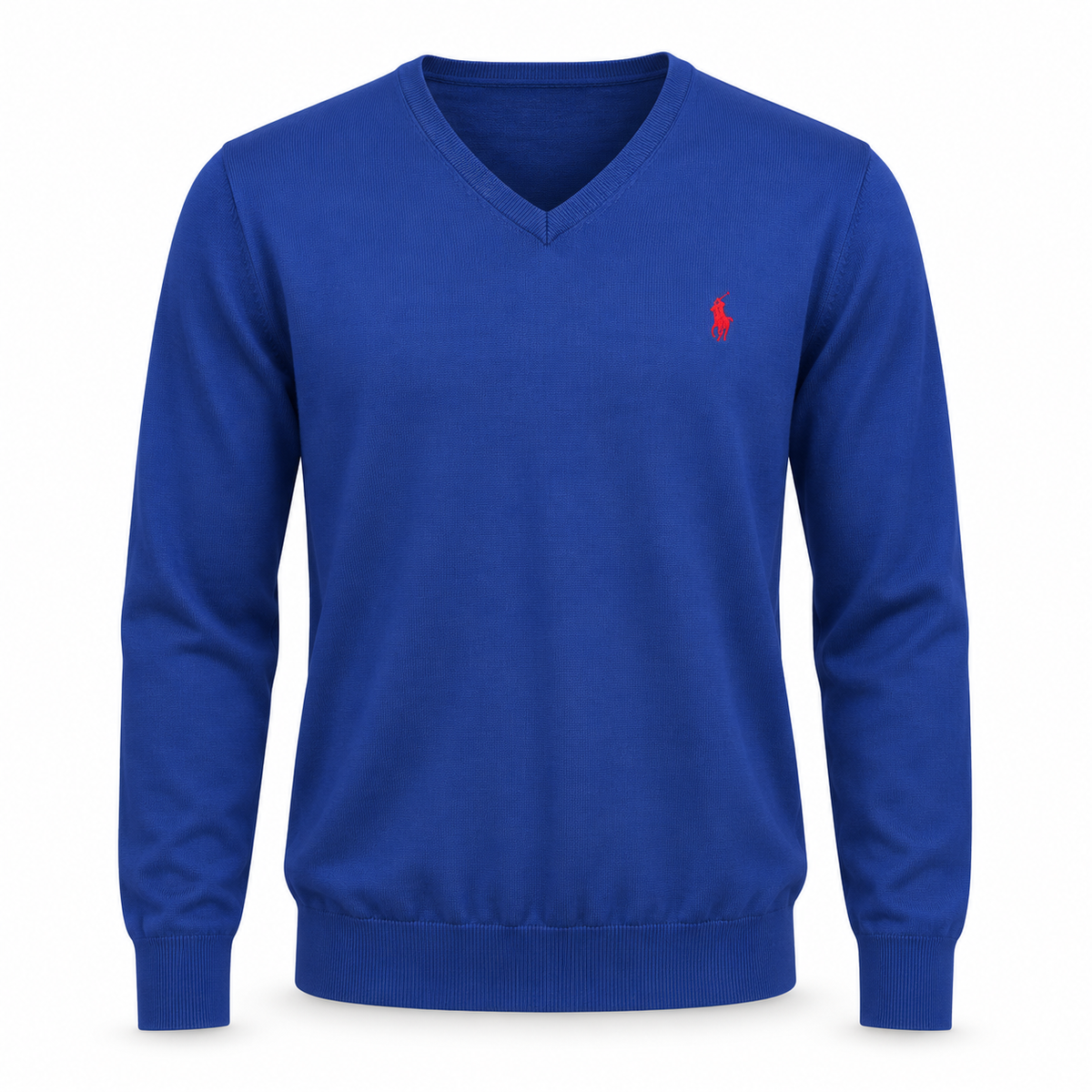 Pull Bleu royal sur mannequin invisible — visuel de présentation
