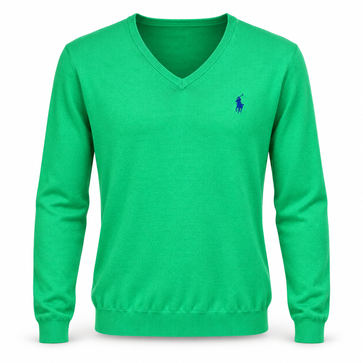 Pull vert vif sur mannequin invisible — visuel de présentation